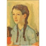 English School (mid-20th century) Portrait of a girl in a blue blouse oil on board, signed