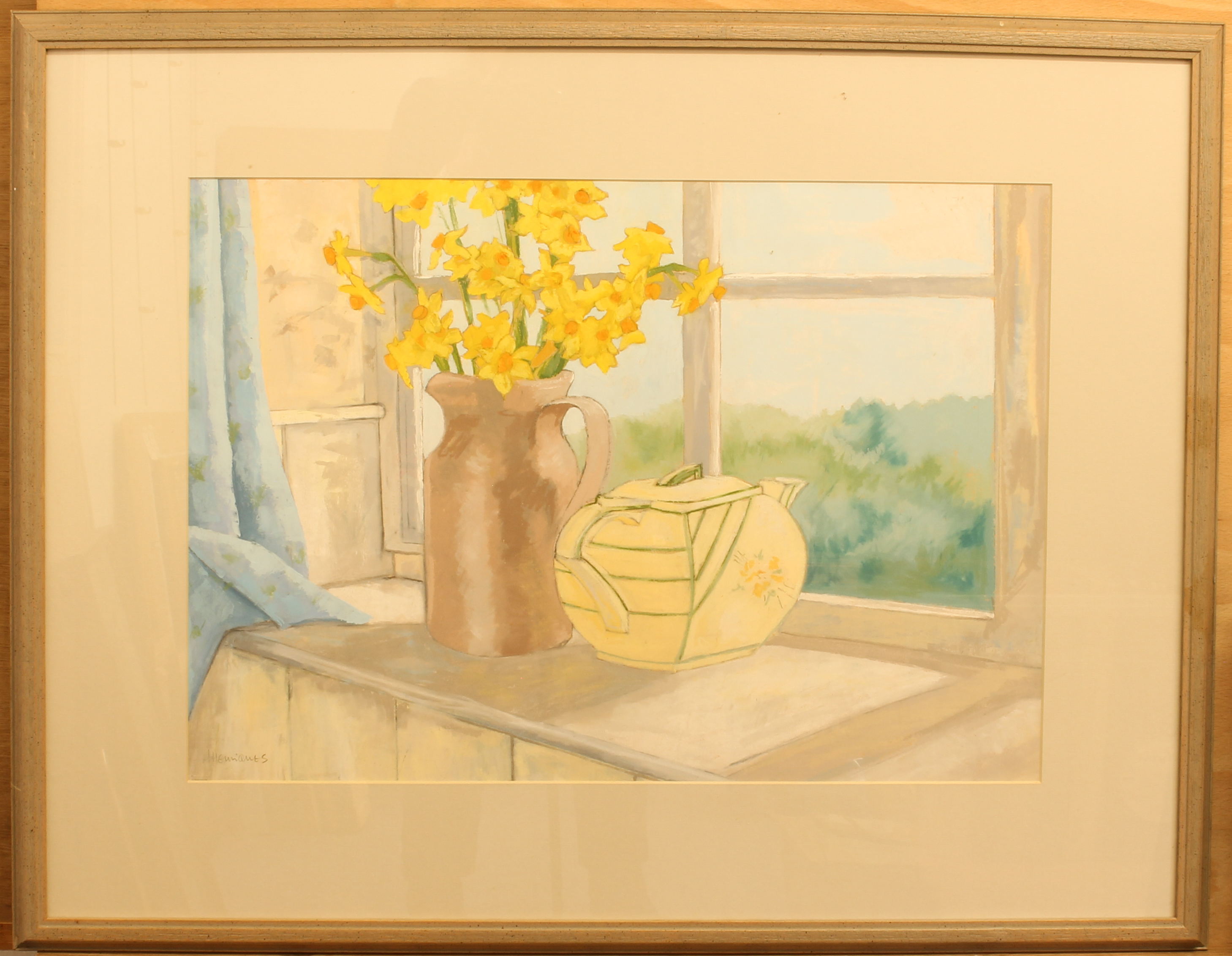 Amanda Henriques (British, contemporary) Still life of daffodils in a jug and an Art Deco teapot - Image 2 of 4