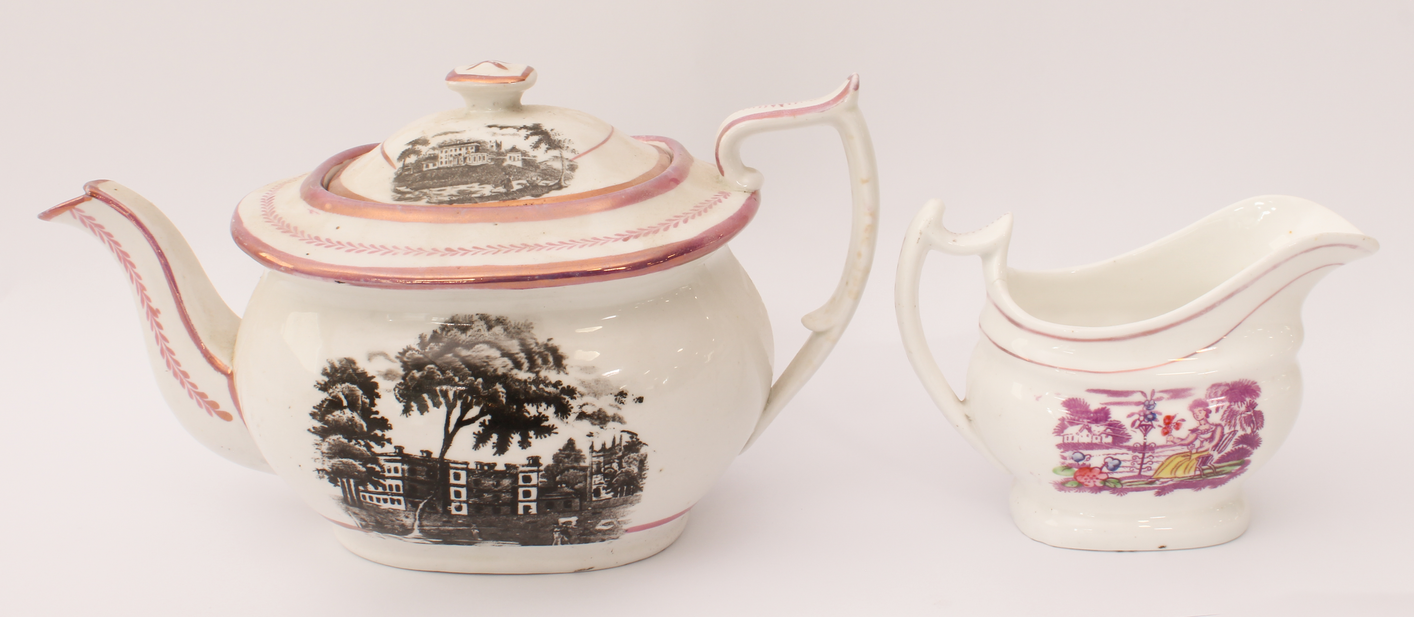 A 19th century silver-shaped Sunderland lustreware teapot - transfer decorated with figures in the