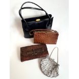 Three vintage handbags and an evening bag - including a Fassbender of England tan crocodile