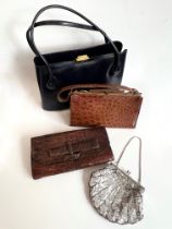 Three vintage handbags and an evening bag - including a Fassbender of England tan crocodile