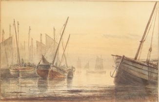 Alexander Williams, RHA (Irish, 1846-1930) Fishing boats at low tide watercolour with scratching-