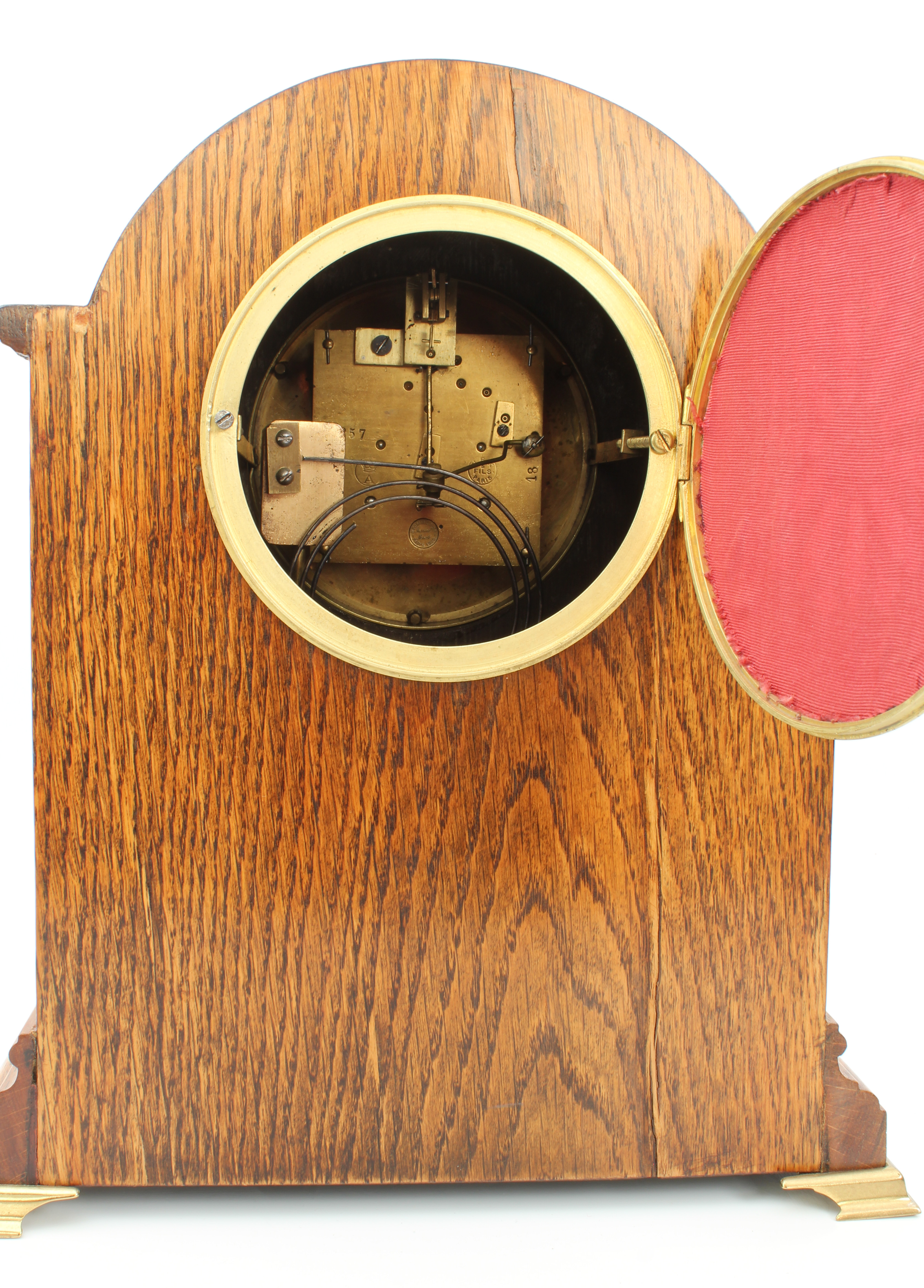An English oak cased mantel clock - circa 1910, the 5in. white Arabic dial fronting a Samuel Marti - Image 4 of 4