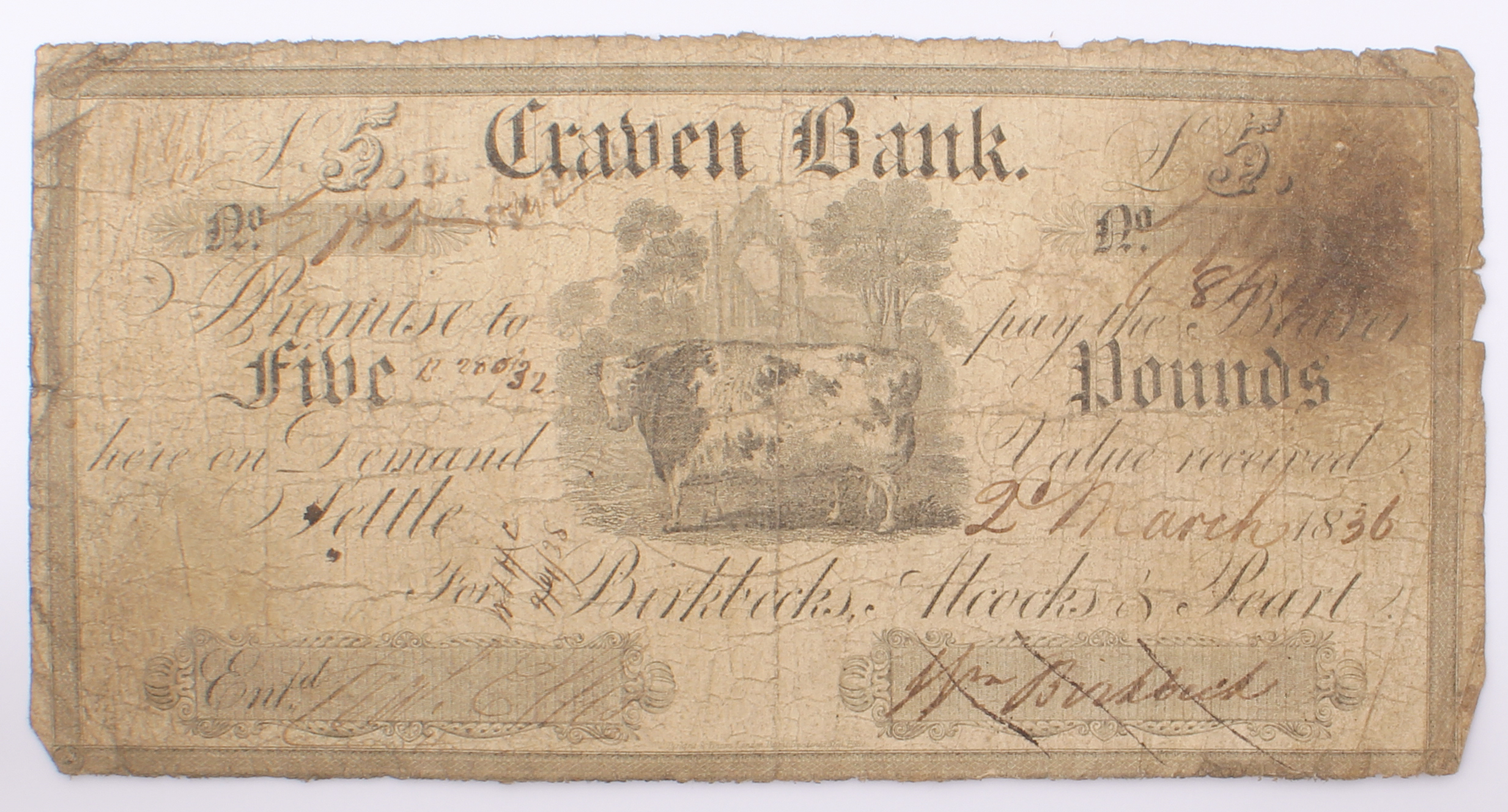 Seven Craven Bank (Settle) banknotes: £10, 1837, Craven Heifer and partners' initials to left, - Image 5 of 14