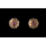 A pair of Victorian 9ct rose gold, amethyst and seed pearl collar studs - of shaped circular form