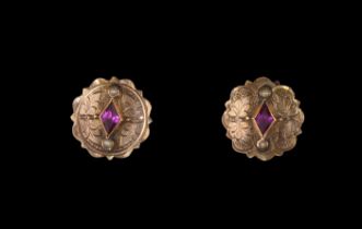 A pair of Victorian 9ct rose gold, amethyst and seed pearl collar studs - of shaped circular form