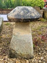 A Cotswold stone staddle stone with substantial mushroom shaped top - the top: 47cm diameter x