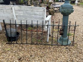 Two lengths of green painted cast iron railings - 202cm long, 74cm high.