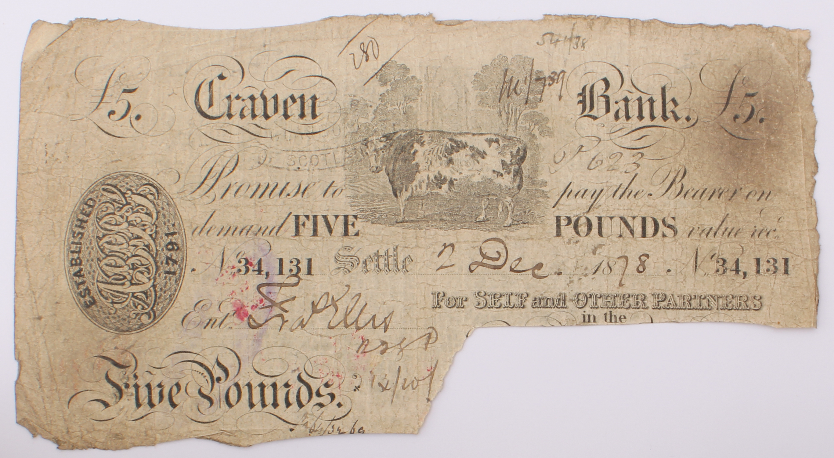 Seven Craven Bank (Settle) banknotes: £10, 1837, Craven Heifer and partners' initials to left, - Image 7 of 14