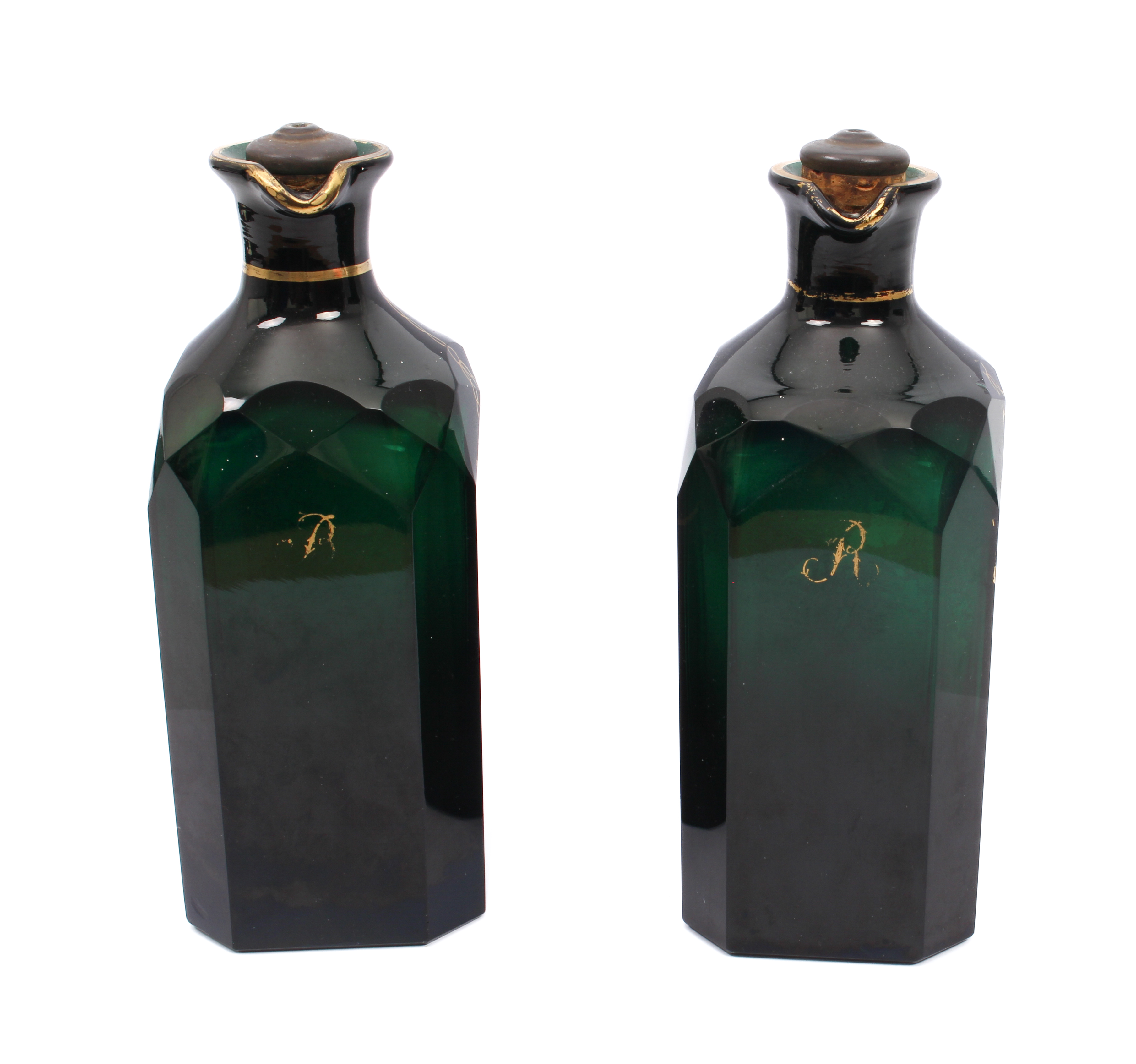 A pair of Georgian Bristol green glass and gilt spirit decanters - of square form with clipped - Image 2 of 2