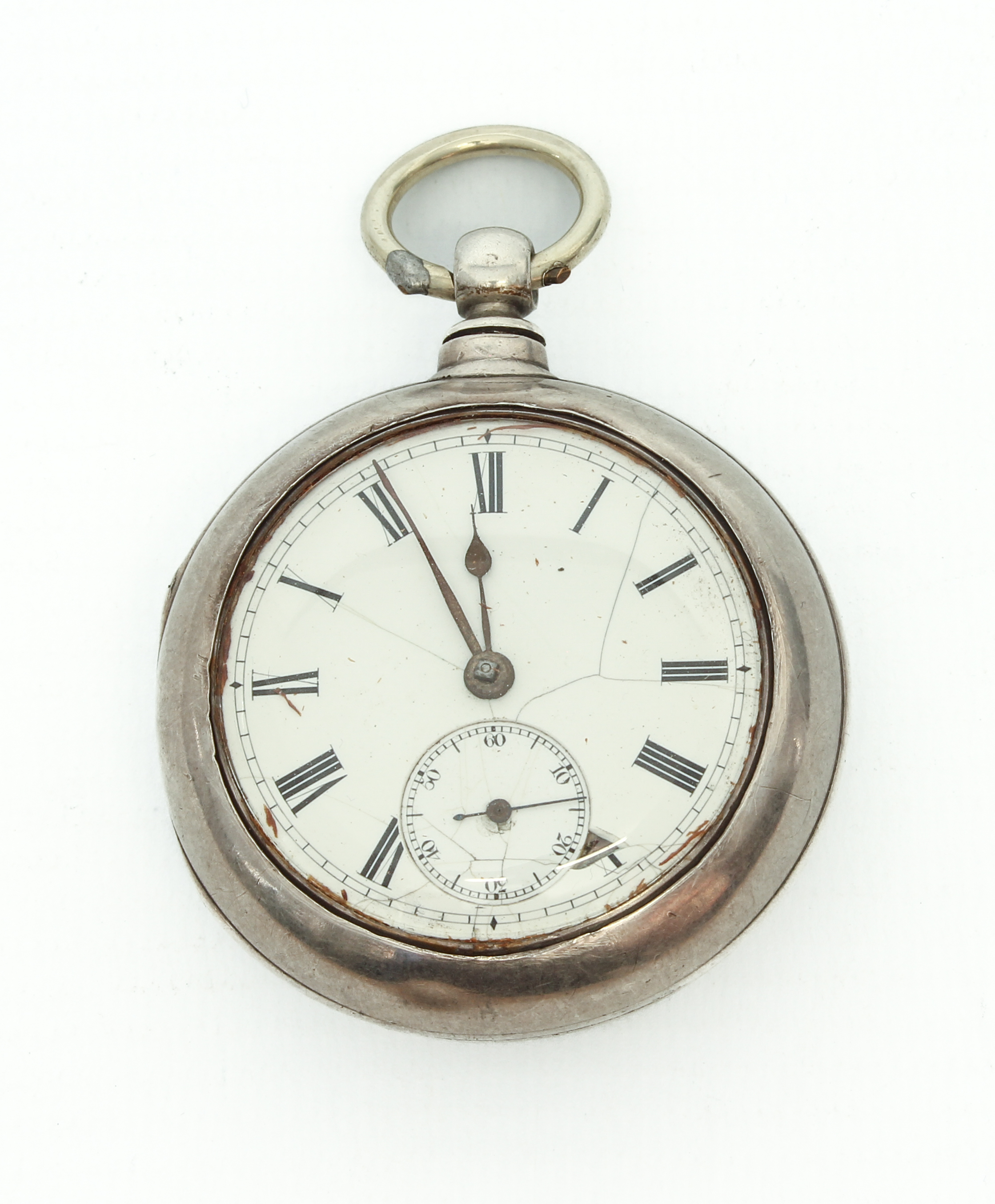 A silver-cased pocket watch with white-enamel dial, Roman numerals and subsidiary seconds dial,