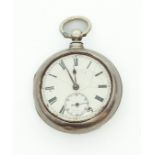 A silver-cased pocket watch with white-enamel dial, Roman numerals and subsidiary seconds dial,