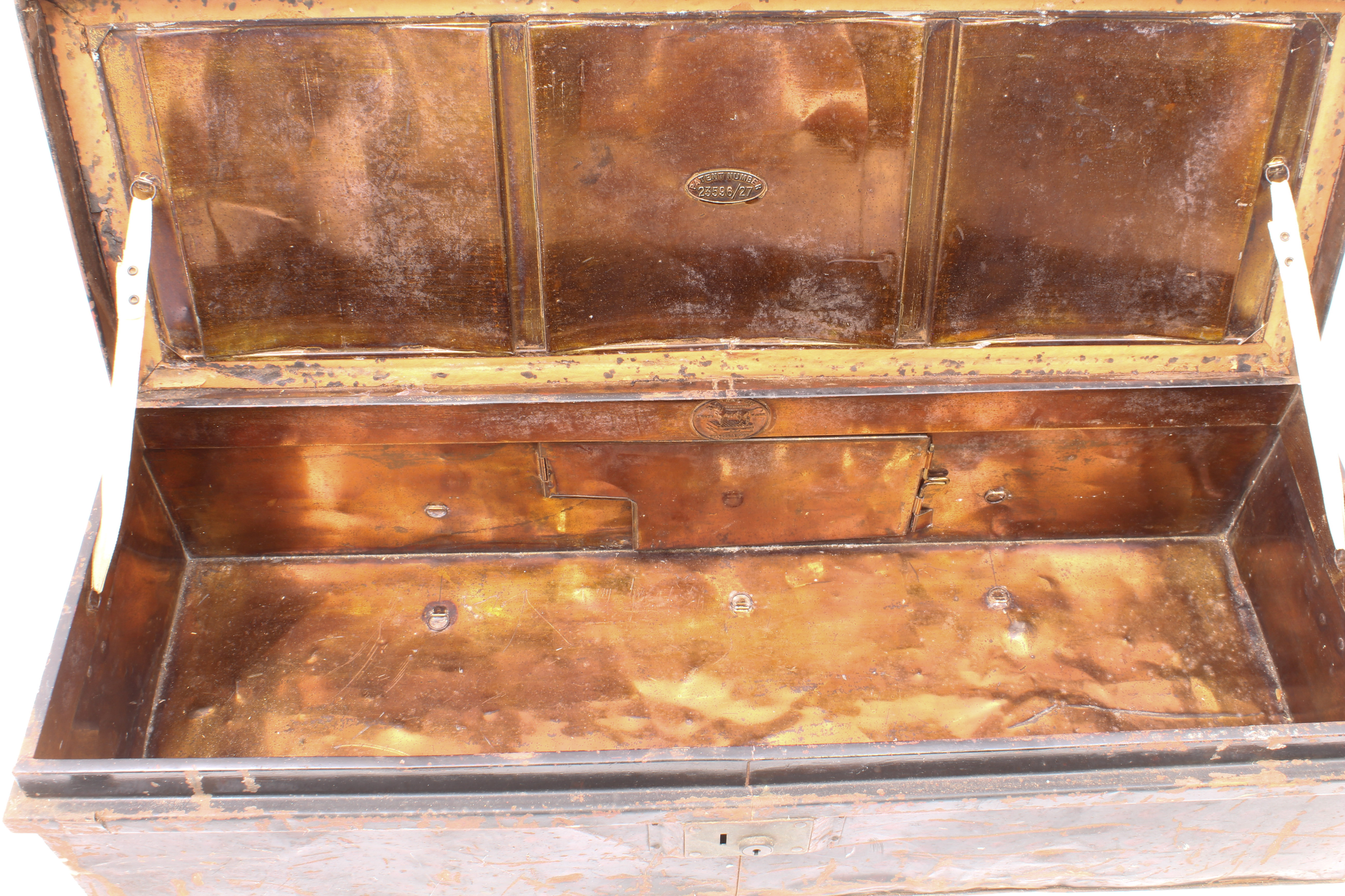 An early 20th century tin uniform trunk - the japanned exterior with remnants of travel labels and - Image 3 of 3
