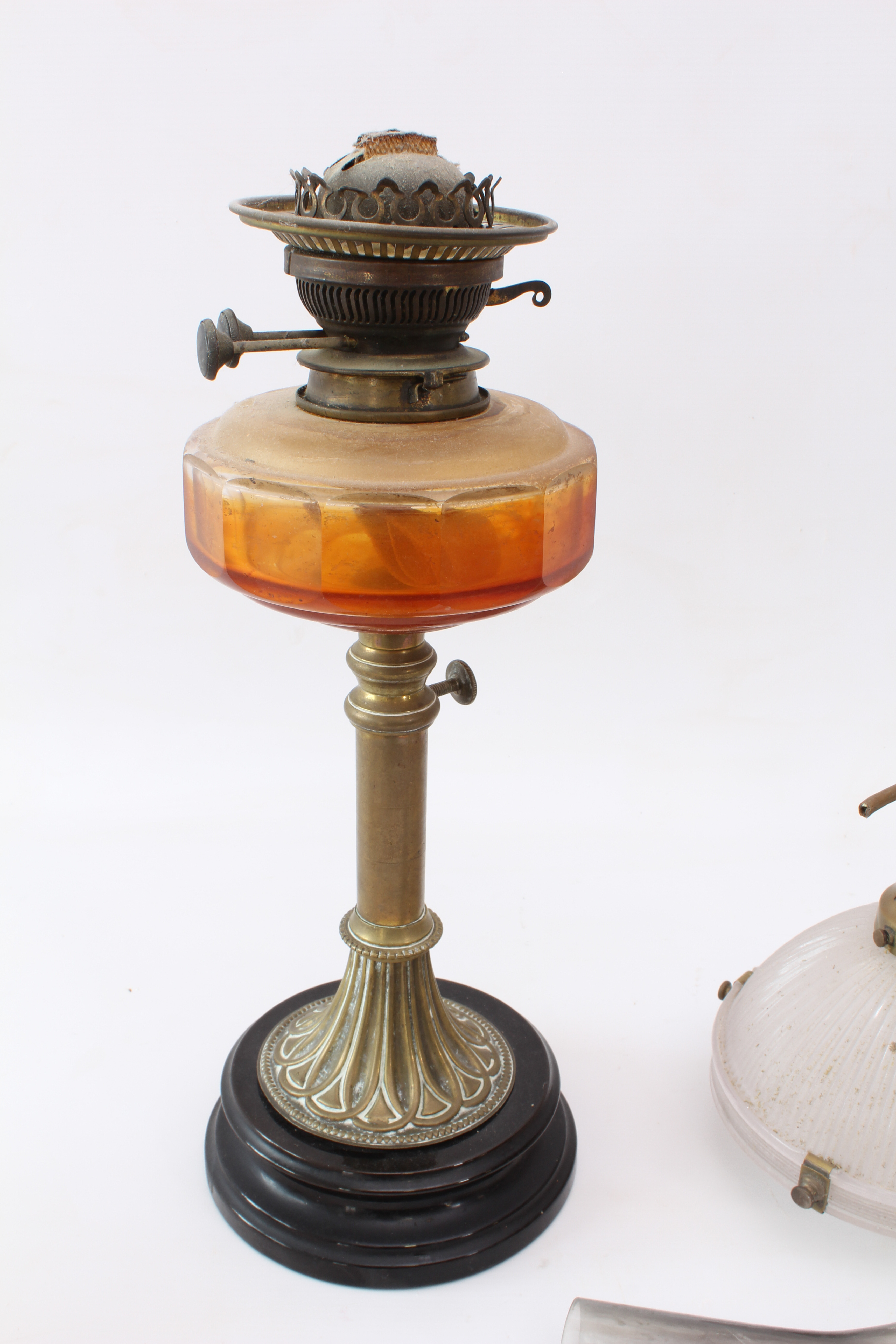 A graduated pair of glass and brass celling lights and an oil lamp - the ceiling lights with moulded - Image 2 of 3