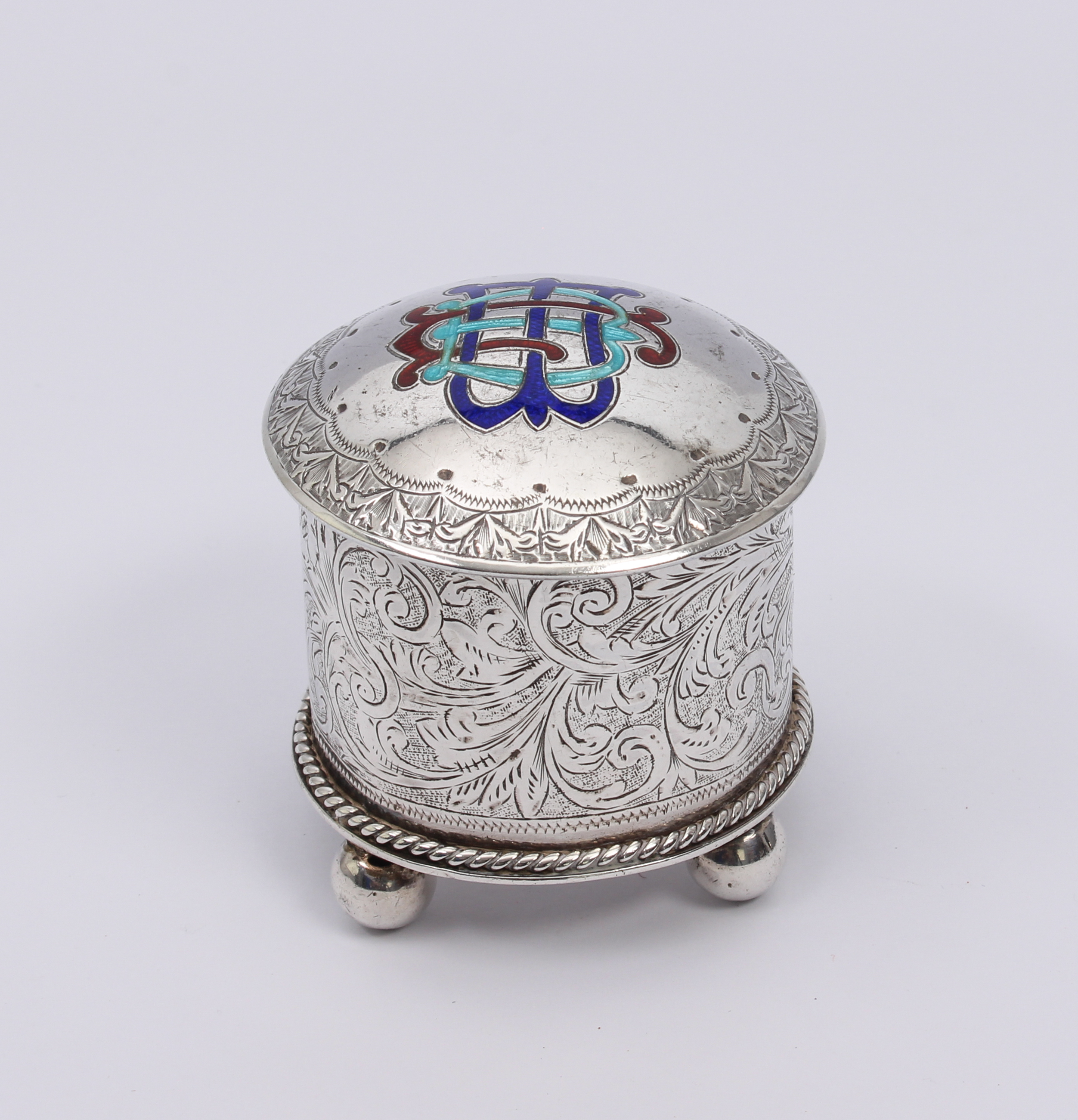 A 19th century white metal and enamel ring box - possibly Persian, indistinct mark to one foot, of - Image 2 of 4