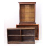Three open bookcases: 1. two mid-20th century, one in teak, with two adjustable shelves and