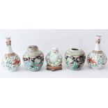 Five pieces of 20th century Chinese porcelain: a pair of garlic neck bottle vases, painted in the