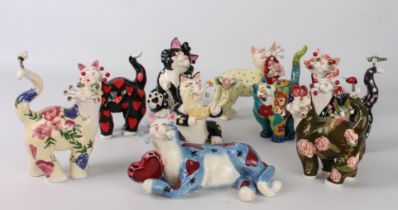 Ten Amy Lacombe Willitts Designs 'Whimsiclay' pottery cats - printed marks, 10 cm to 17 cm high.