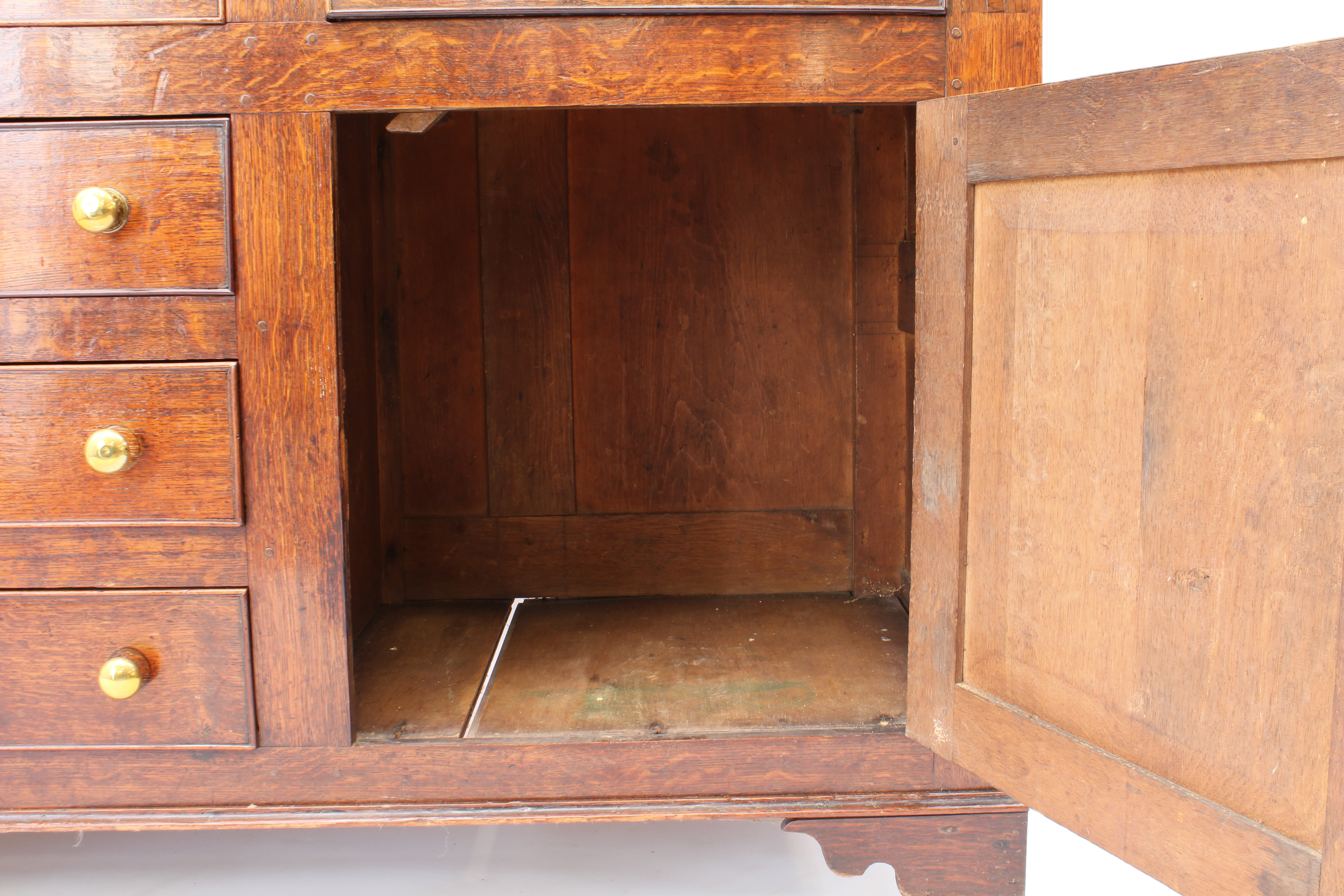 A George III oak, fruitwood and birds' eye maple inlaid dresser - the cavetto cornice over a - Image 7 of 7