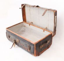 A vintage black-painted canvas and tan-leather steamer trunk - early 20th century, by J. H. Pontifex