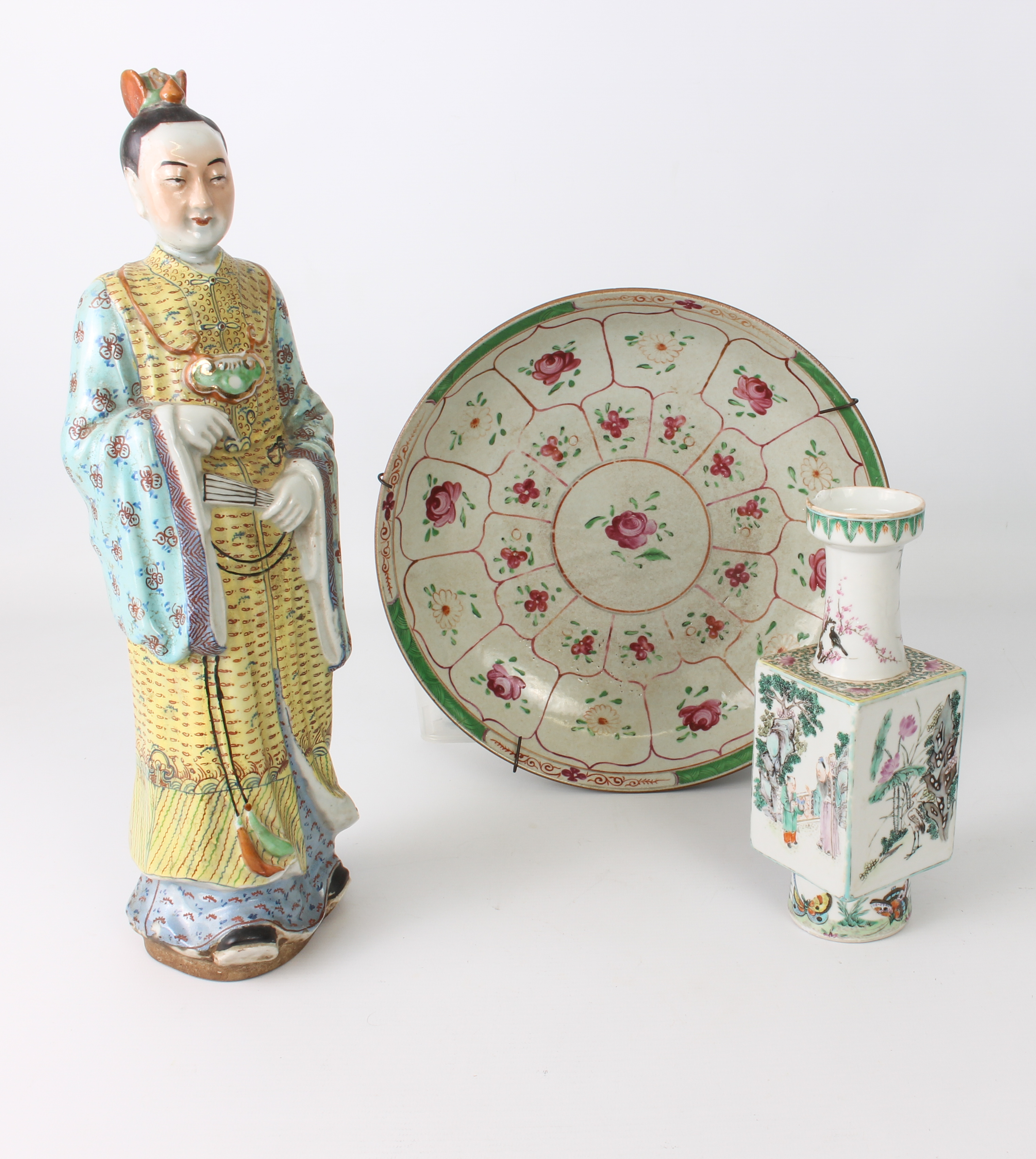 A 20th century decorative Chinese figurine (40 cm high) and possibly a hand-painted Chinese 18th