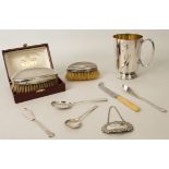 A mixed lot of silver and silver plate: 1. two silver-mounted hair brushes - one cased, by Henry