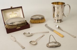 A mixed lot of silver and silver plate: 1. two silver-mounted hair brushes - one cased, by Henry