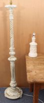 A distressed, painted standard lamp - with barleytwist and fluted column, to a fluted and egg & dart