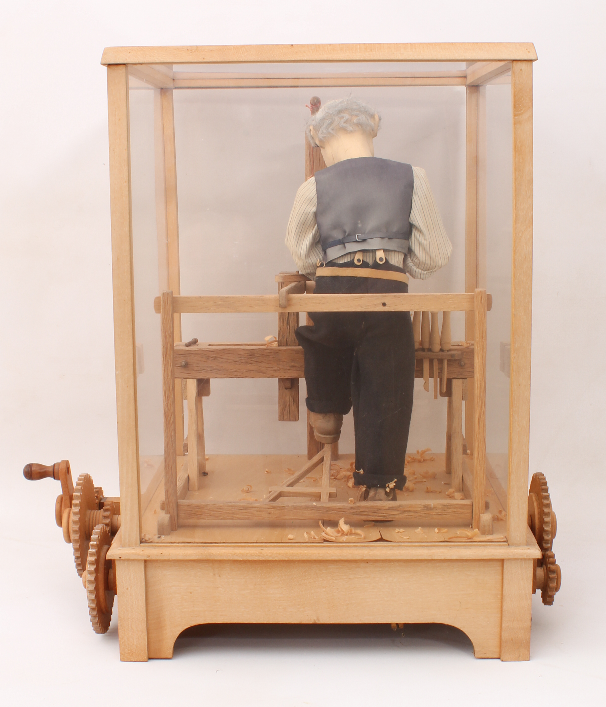 A fine carved wooden automaton of a woodworker, 'The Pole Lathe' - late 20th century, the carved - Image 4 of 6