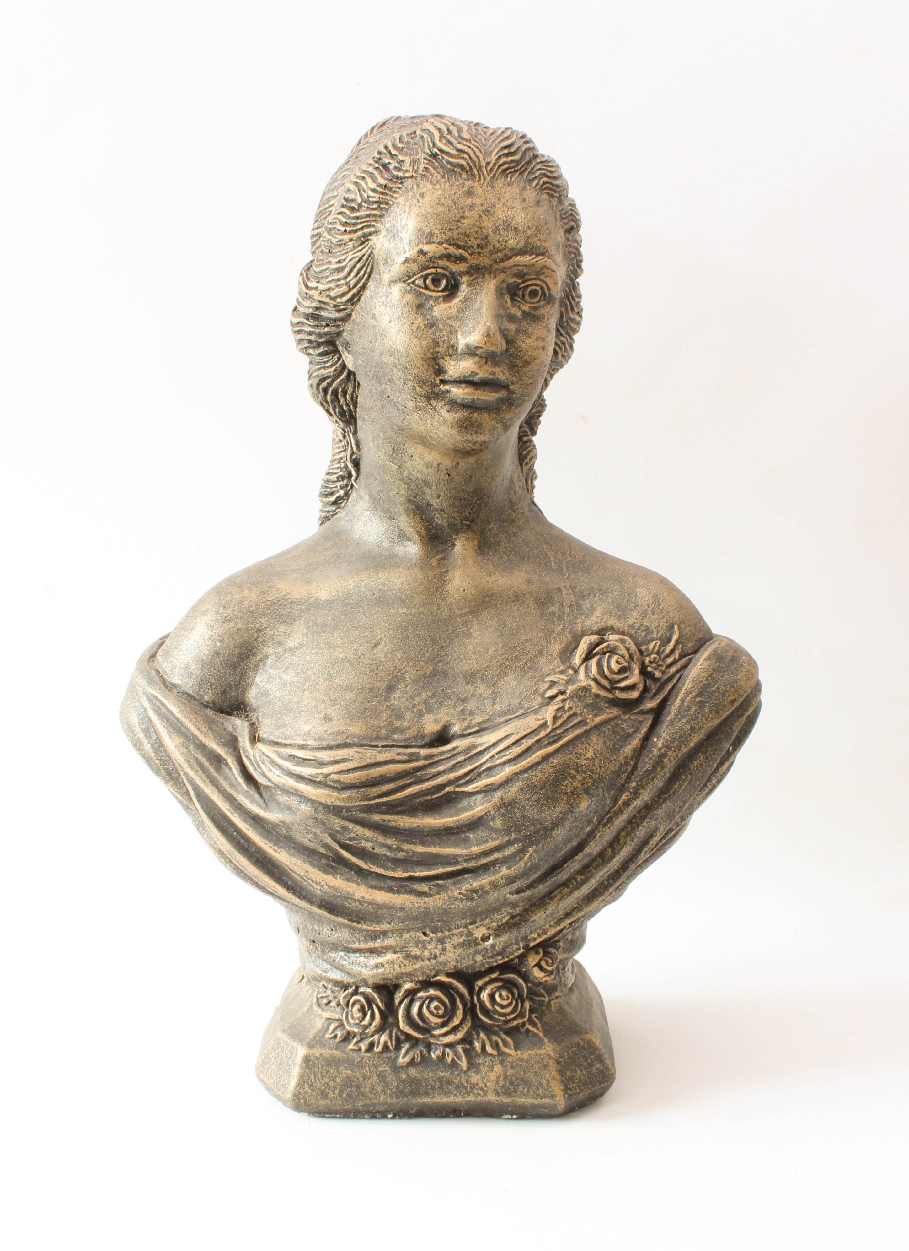 A large bronzed plaster classical bust of a lady - in a draped robe decorated with roses, on an - Image 2 of 4