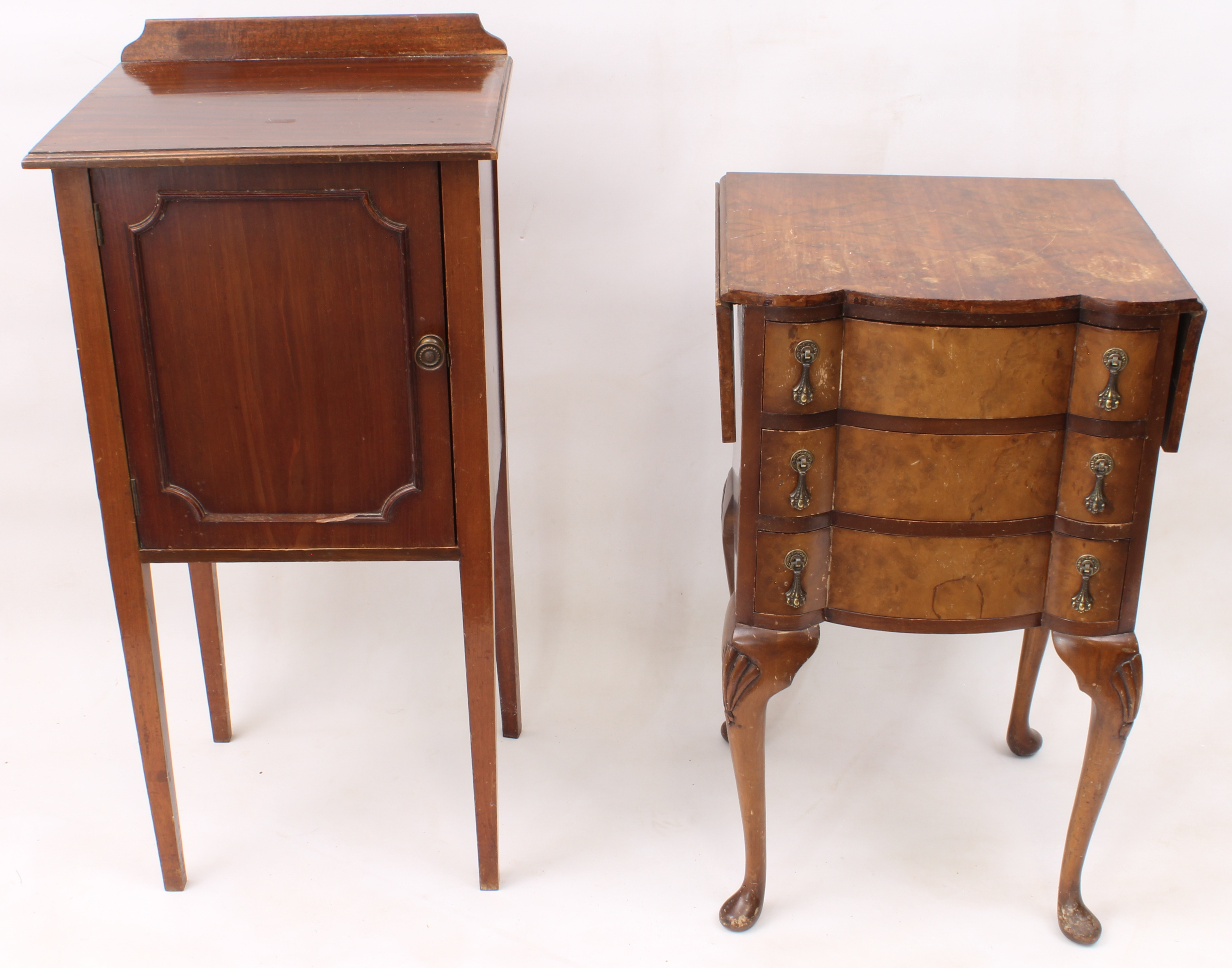 A bedside cabinet and a bedside chest: 1. Edwardian mahogany cabinet, moulded top with short upstand