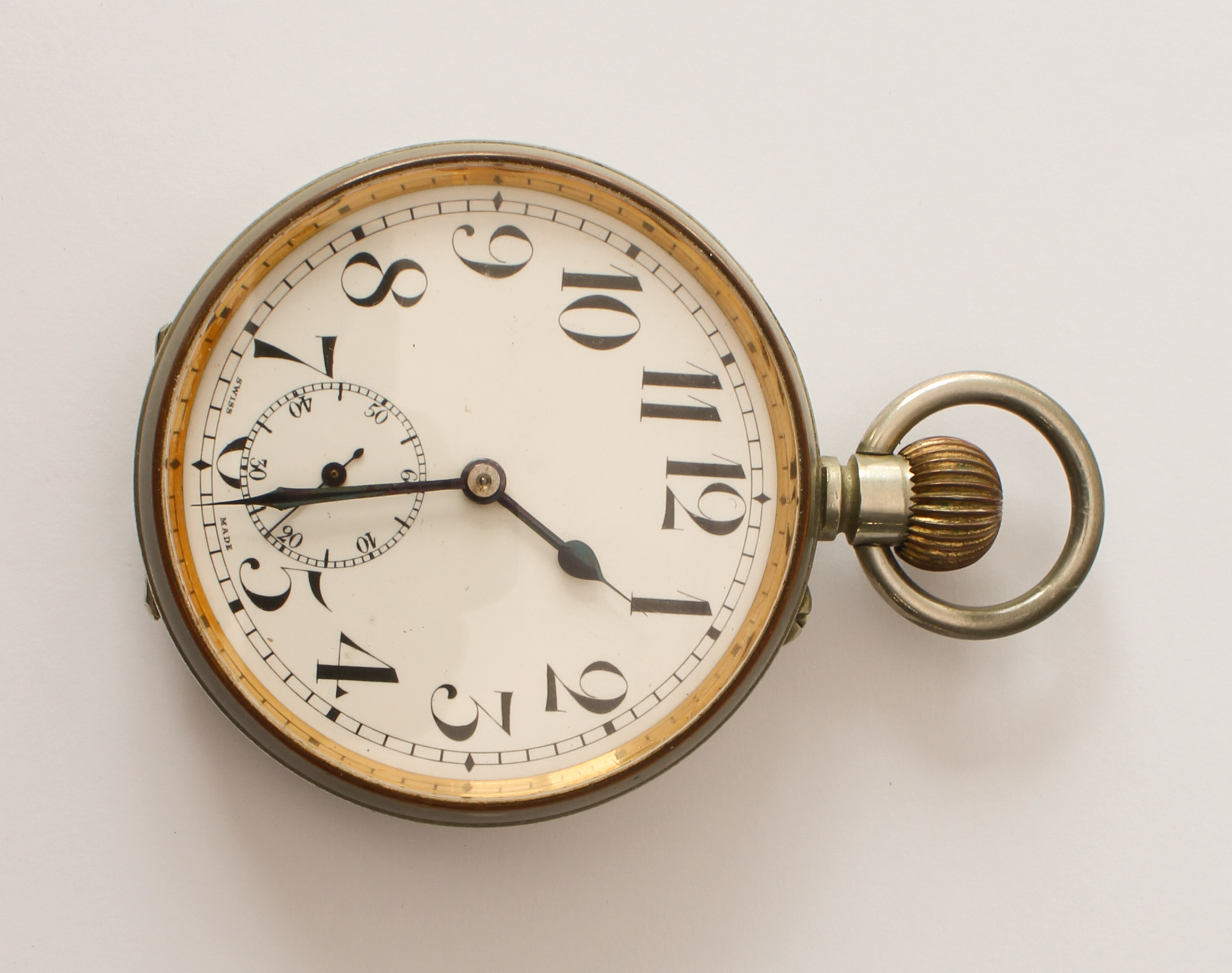 A silver cased goliath pocket watch - the fob wind watch with white enamel Roman dial with - Image 4 of 6