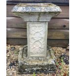 A composite stone square bird bath - the top 32cm square, the base 30cm square, 53cm high.