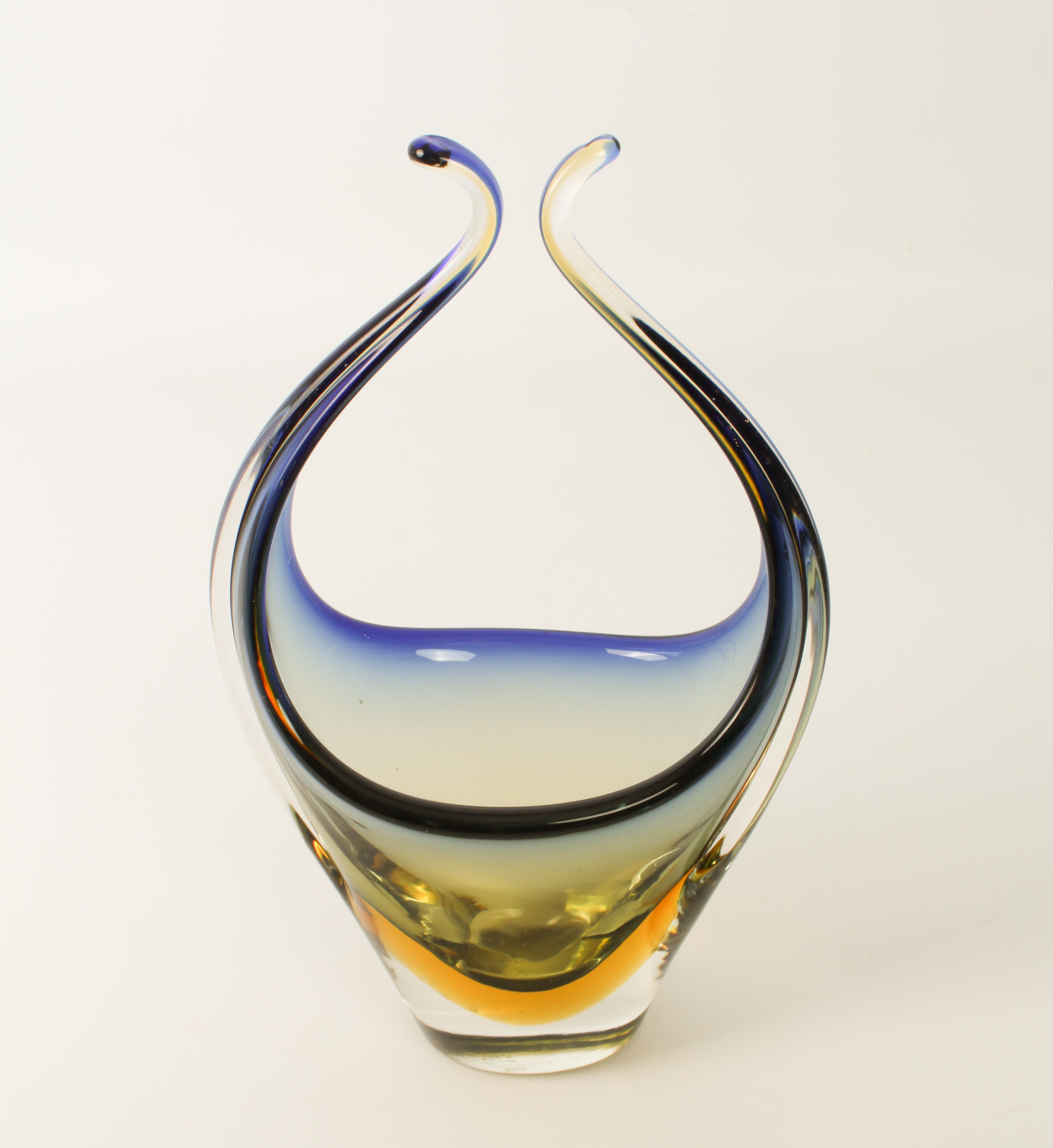 Four pieces of vintage Murano art glass: 1. a horned vase in blue, yellow and clear glass, - Image 3 of 12