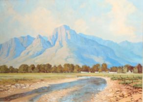 Hugh Stevenson (South African, 1910-1956) A mountainous river landscape, probably South Africa oil