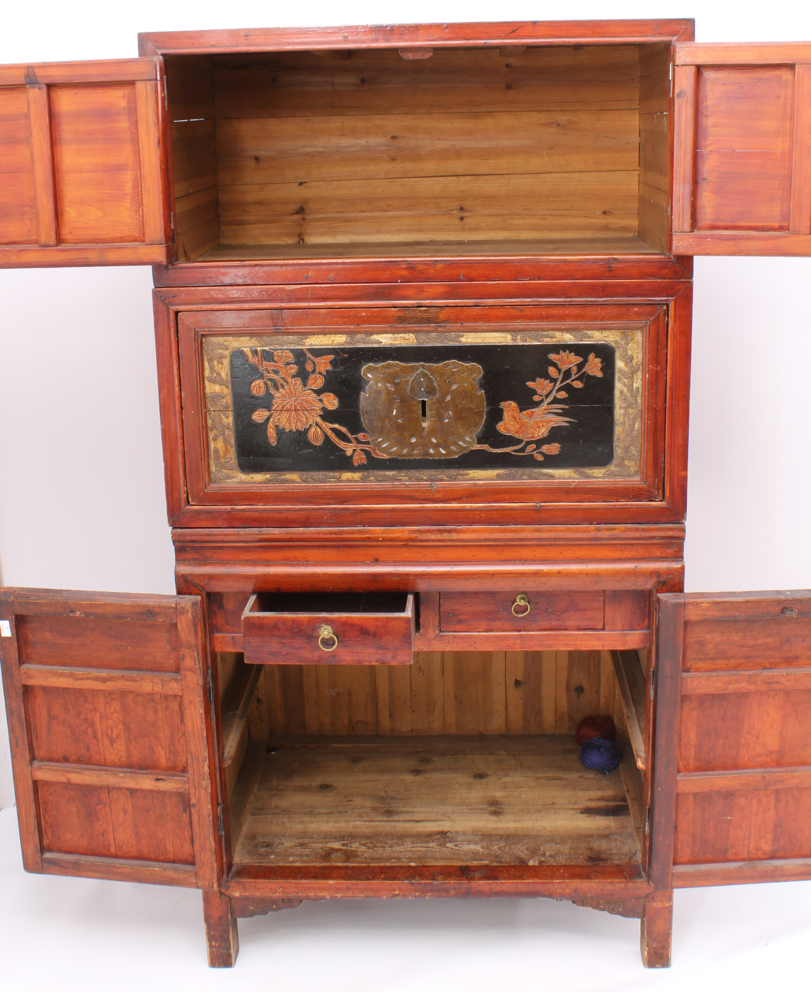 A Chinese red stained pine, lacquered and parcel-gilt three-piece compound cabinet - probably - Image 4 of 6