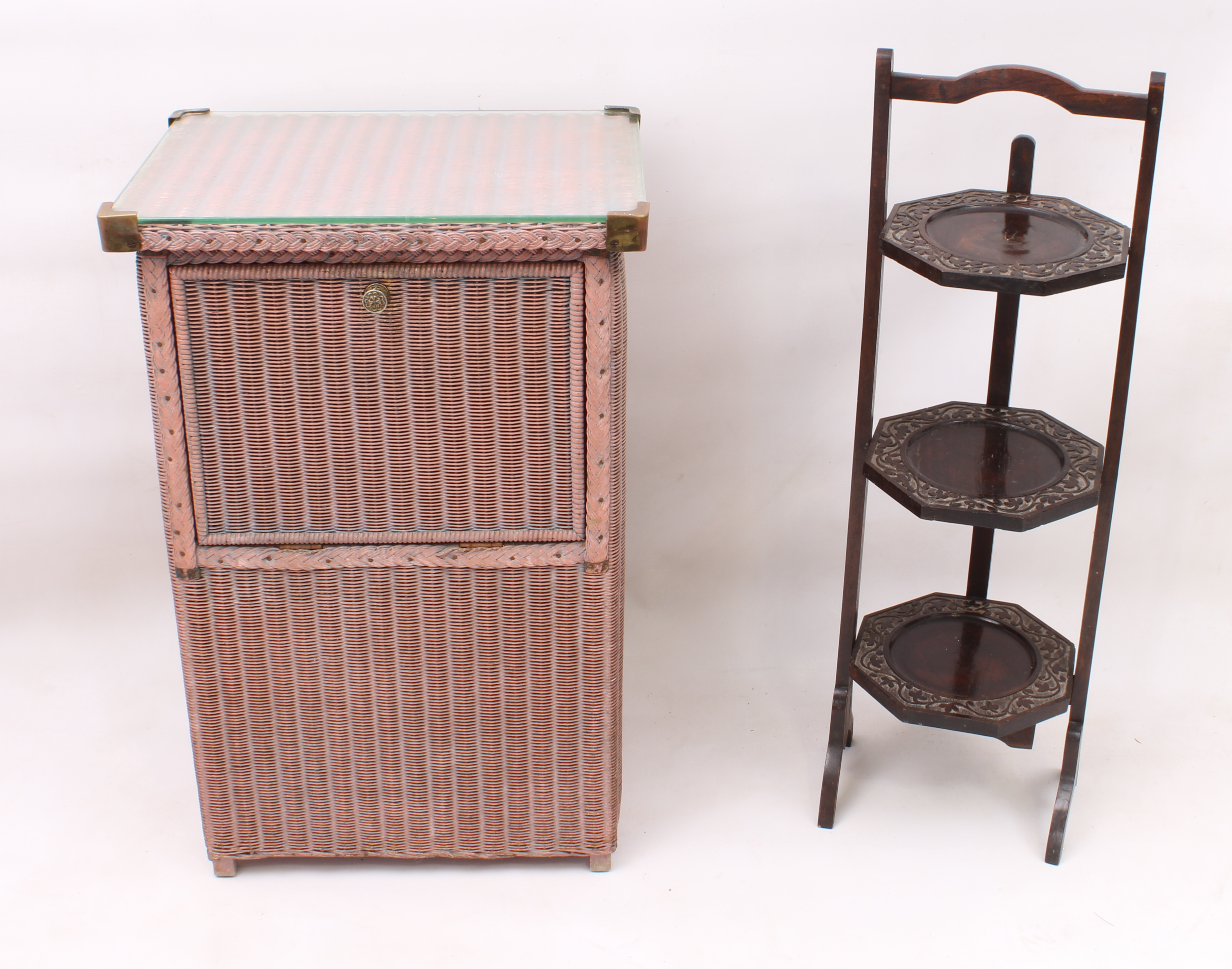 Two  pieces: 1. a mid-century Lloyd Loom style linen box, with glass top and drop-down front