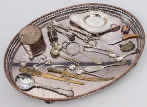 A mixed lot of mostly silver and silver plate to include: a silver-plated oval drinks tray - 47 cm