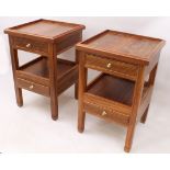 A pair of modern hardwood bedside tables - the square tray top and undertier each with a frieze