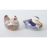 Two Royal Crown Derby paperweights - one a mandarin duck, the other a hen, both first quality and