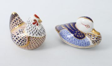 Two Royal Crown Derby paperweights - one a mandarin duck, the other a hen, both first quality and