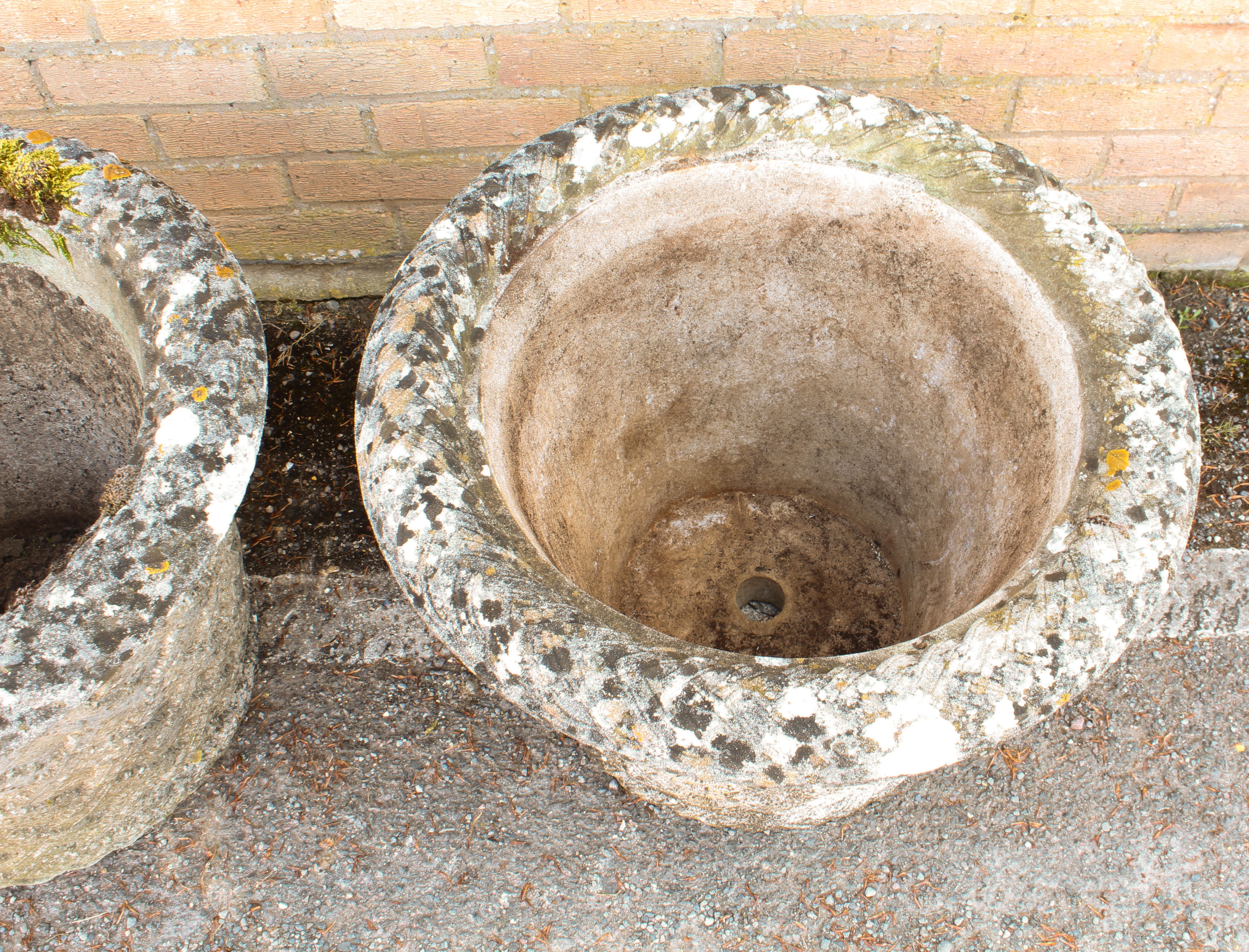 A pair of composite stone garden planters - well weathered, of tapering cylindrical form with - Image 4 of 4