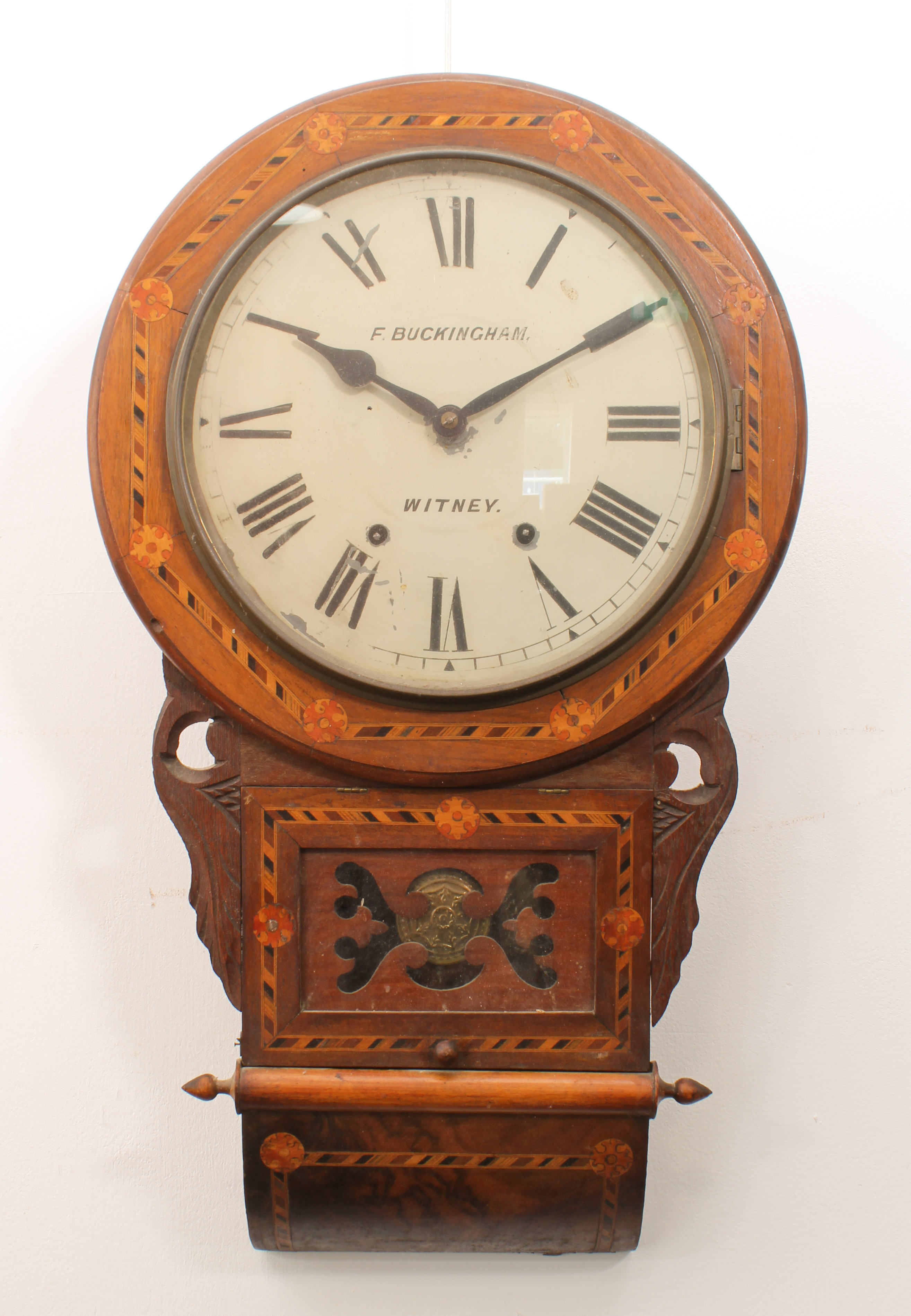 A Victorian walnut and parquetry drop-dial wall clock - the white painted Roman dial signed for