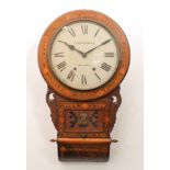 A Victorian walnut and parquetry drop-dial wall clock - the white painted Roman dial signed for