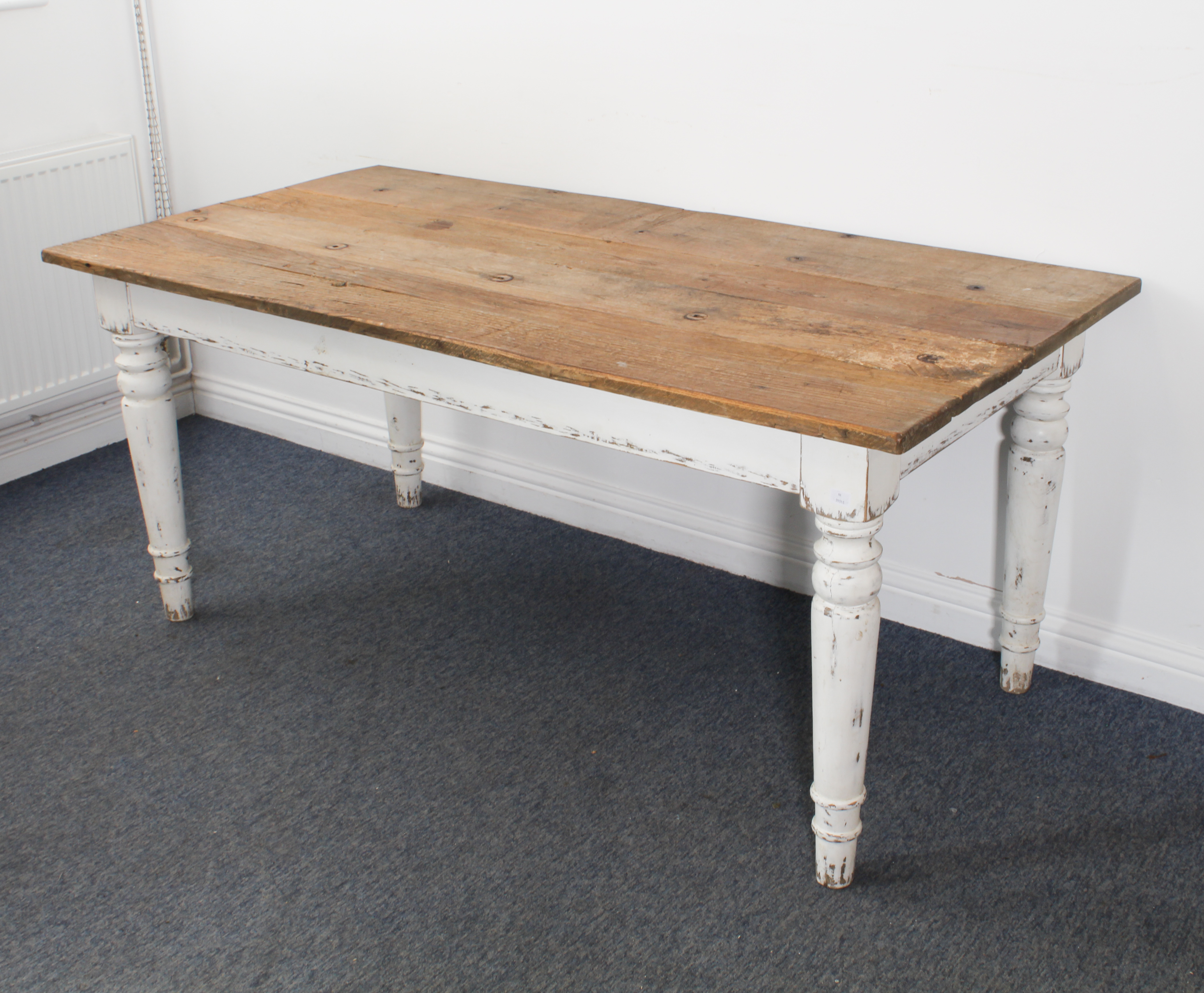 An oak farmhouse kitchen dining table in 19th century style - the rustic, planked top raised on an - Image 5 of 7