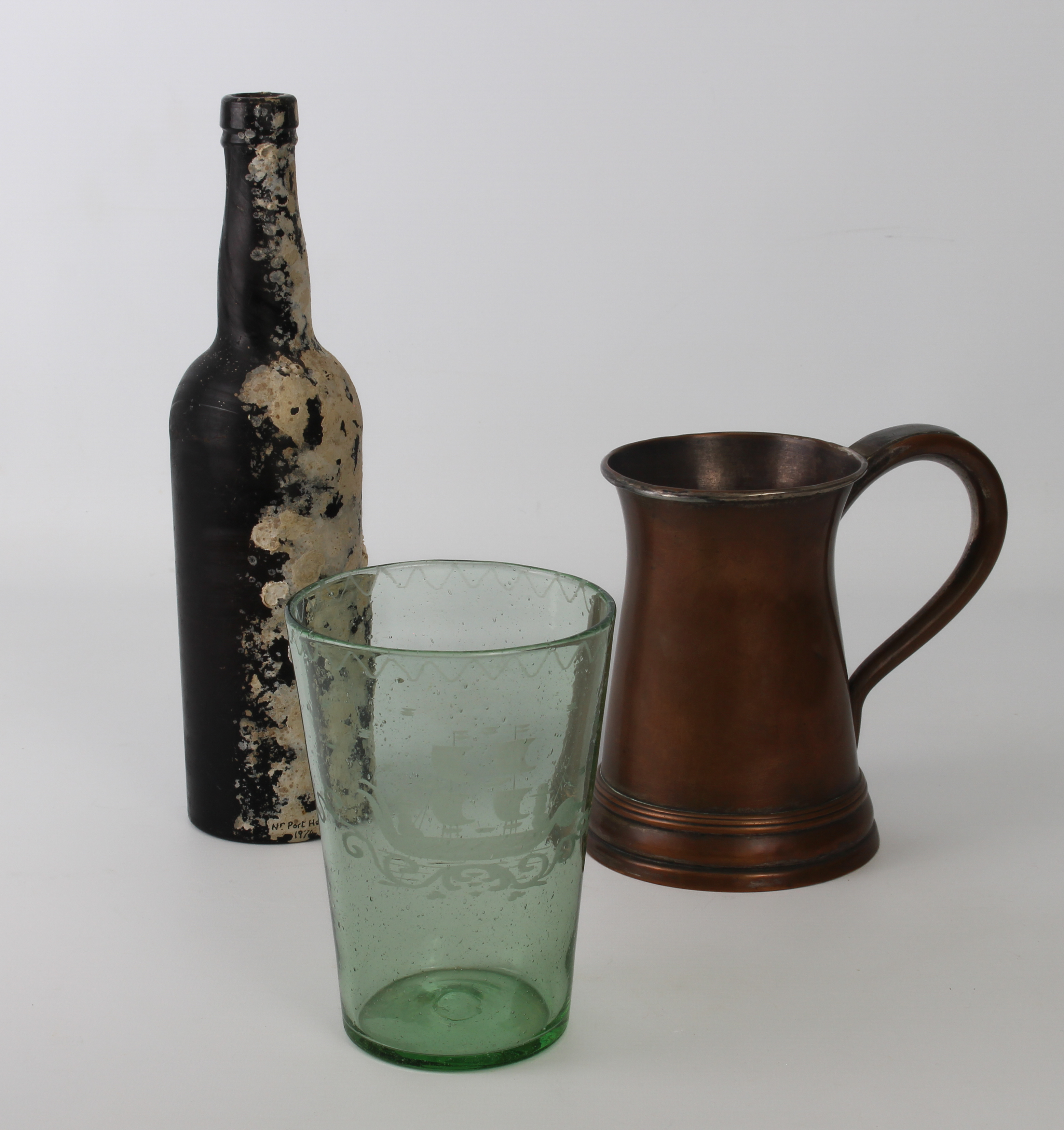 A 19th century ale glass engraved with a ship in sail, together with a 19th century ale mug and a