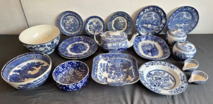 Two boxes of English blue and white transfer ware, 19th and early 20th century - some pieces a/f.