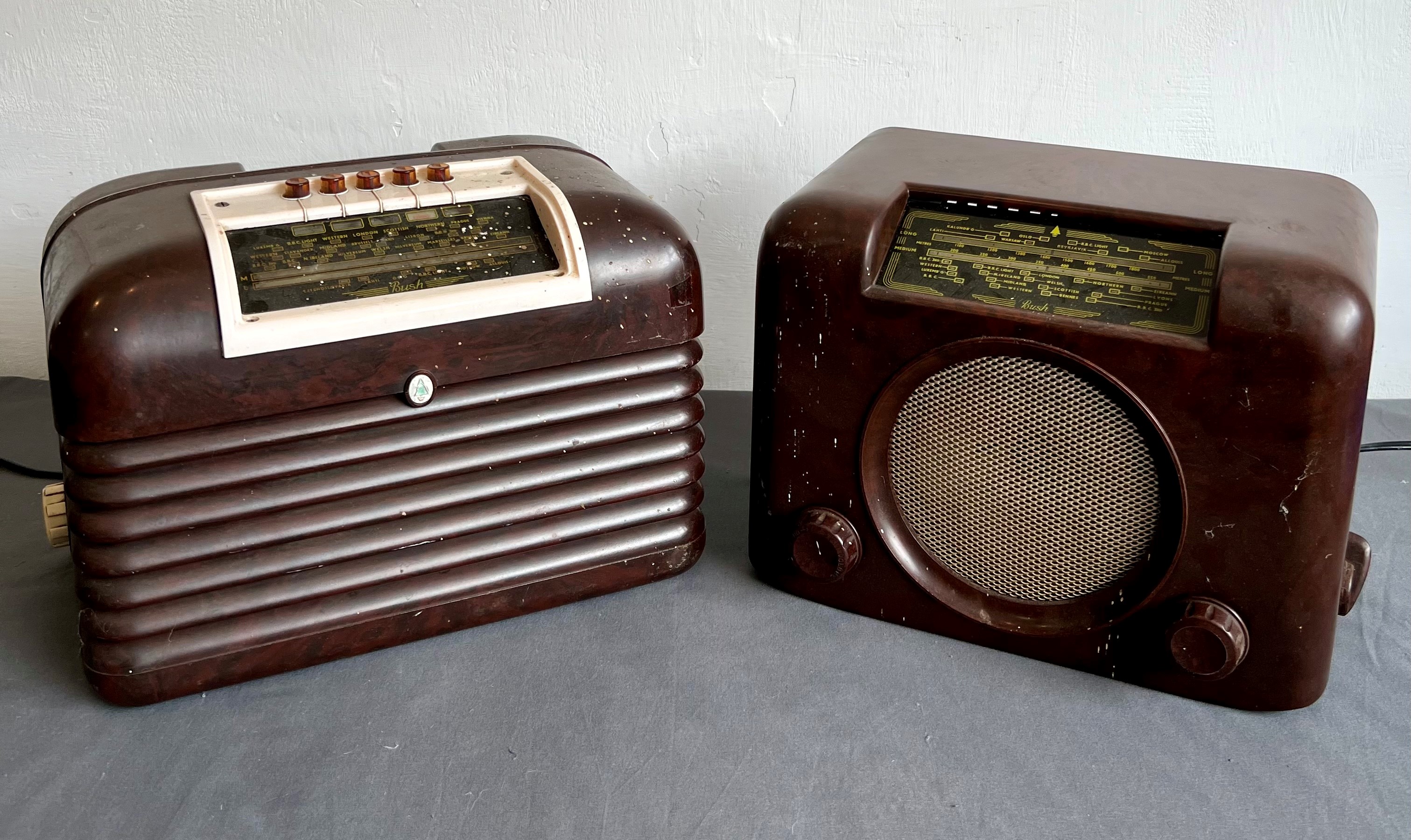 Two Bush bakelite radios - 1950s, comprising a DAC 90A and a DAC 10, both with brown bakelite cases,