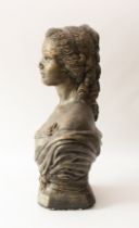 A large bronzed plaster classical bust of a lady - in a draped robe decorated with roses, on an