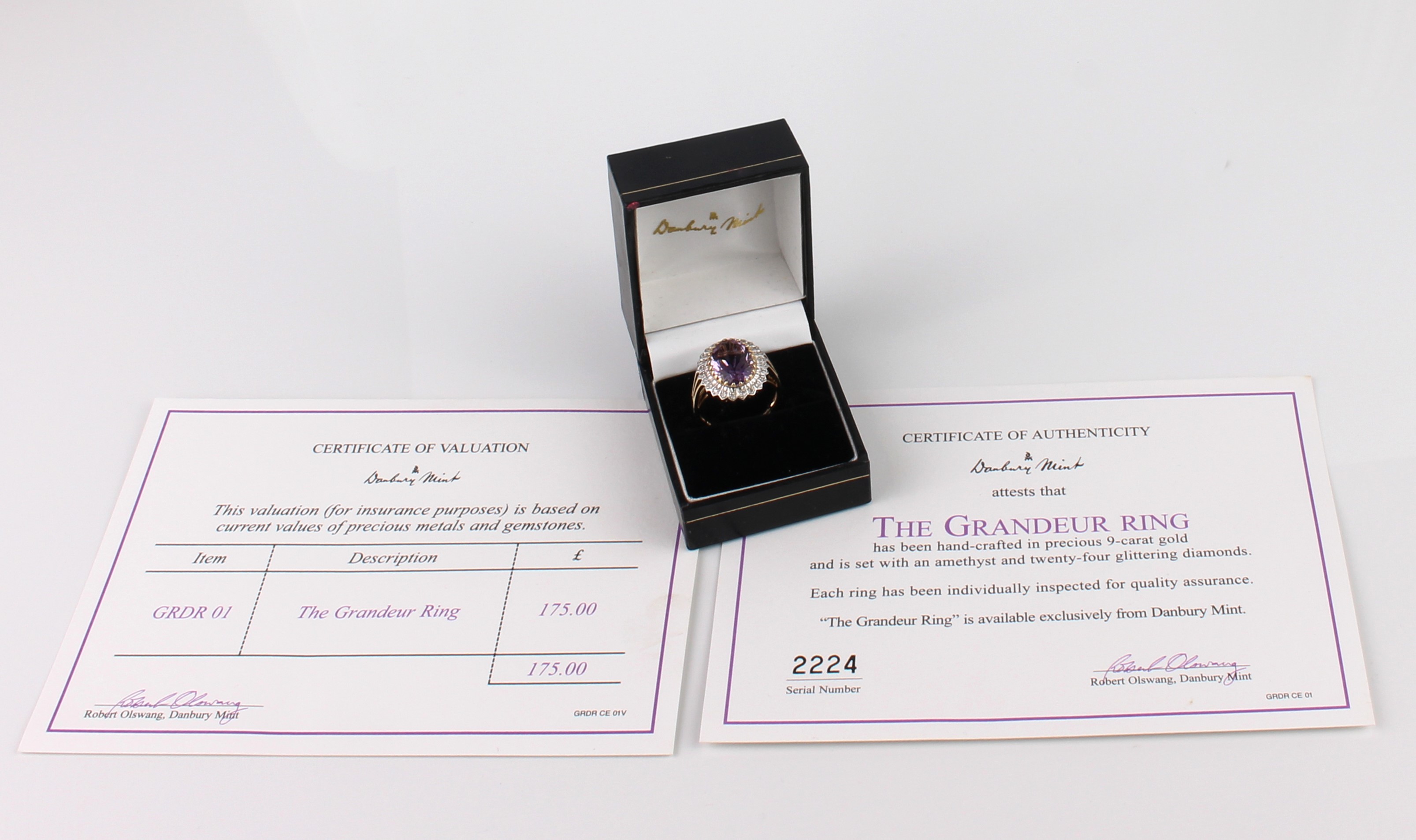 A Danbury Mint 9ct gold, amethyst and diamond cluster ring - 'The Grandeur Ring', with an oval cut - Image 5 of 5